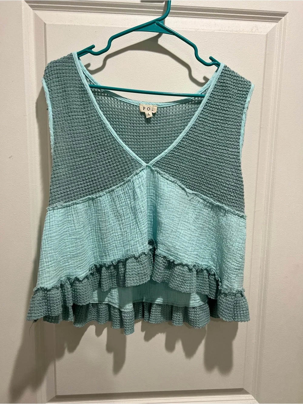 POL Aqua Two-Tone Ruffle V-Neck Tank - Picture 1 of 1